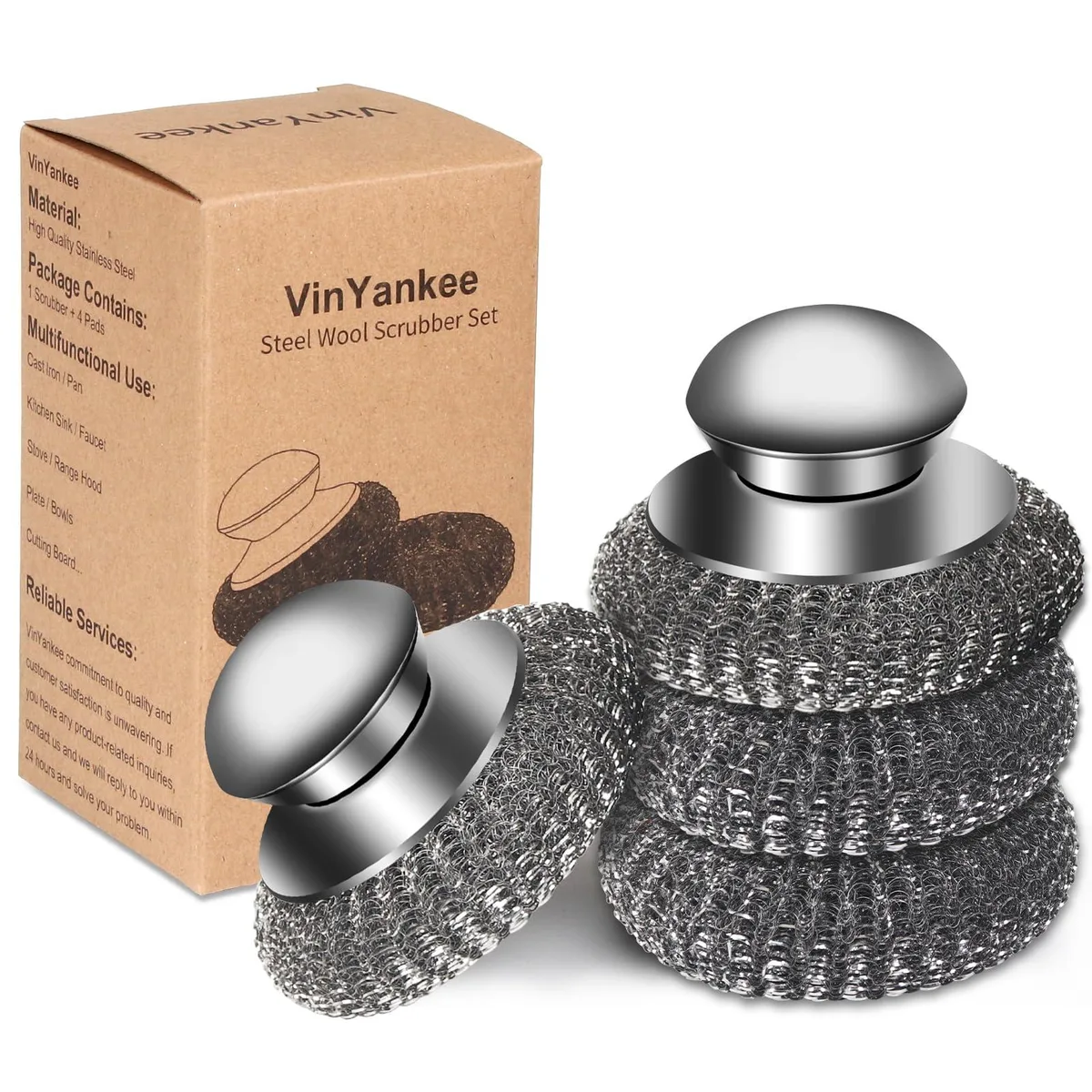 Four-piece steel wool scrubber set with two handled brushes and two replacement pads