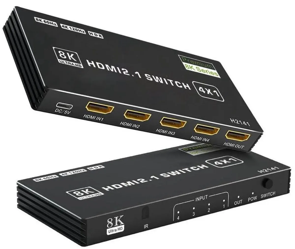 Small black box with four HDMI inputs, one output, and an IR remote control