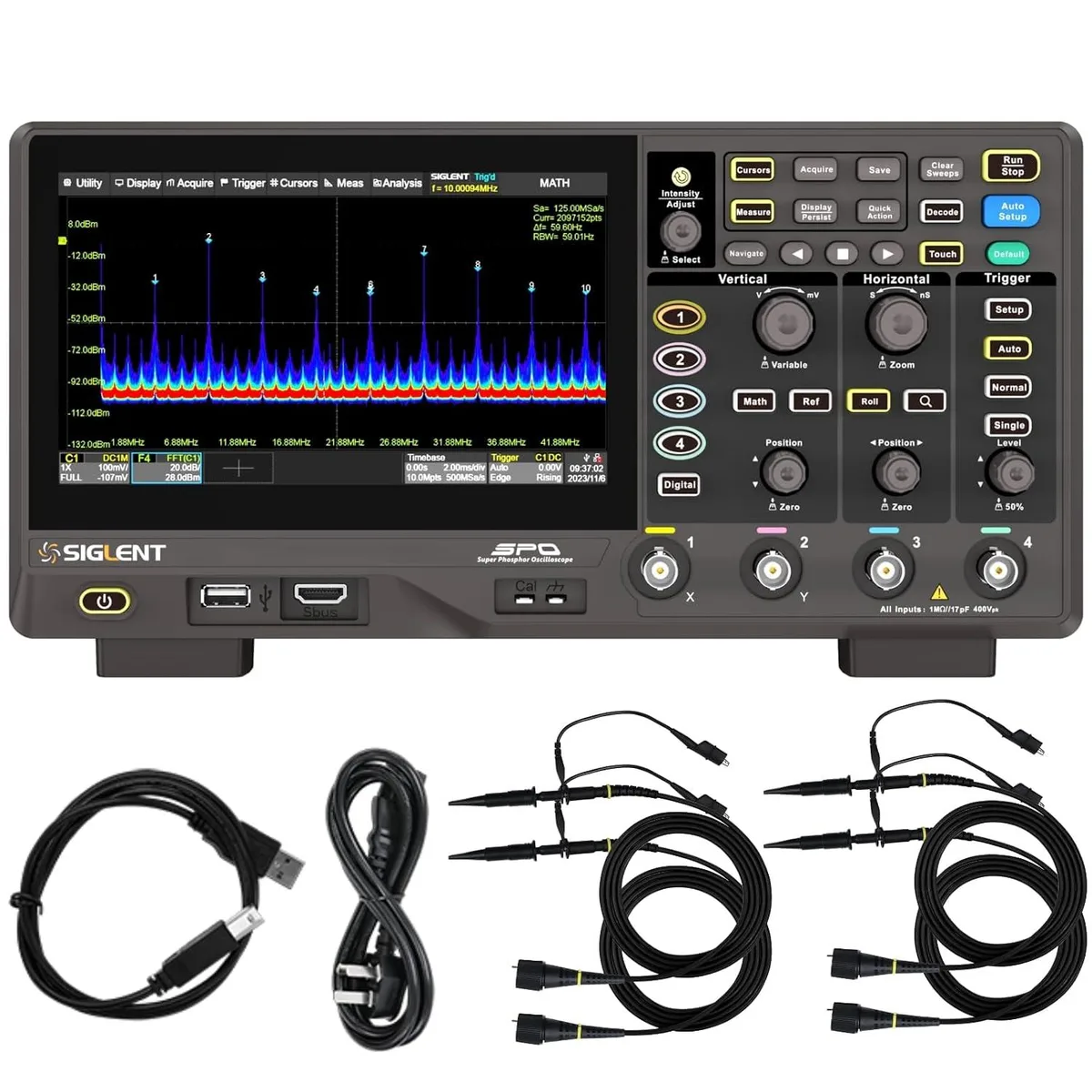 White rectangular benchtop oscilloscope with 7 inch touch screen and four BNC connectors