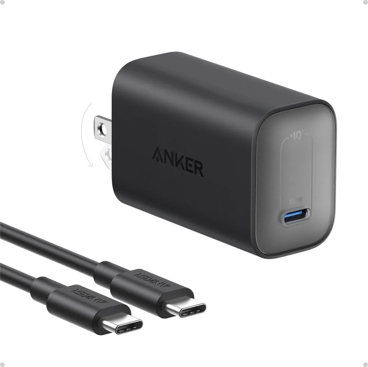 Compact white USB-C wall charger with foldable prongs and six-foot cable
