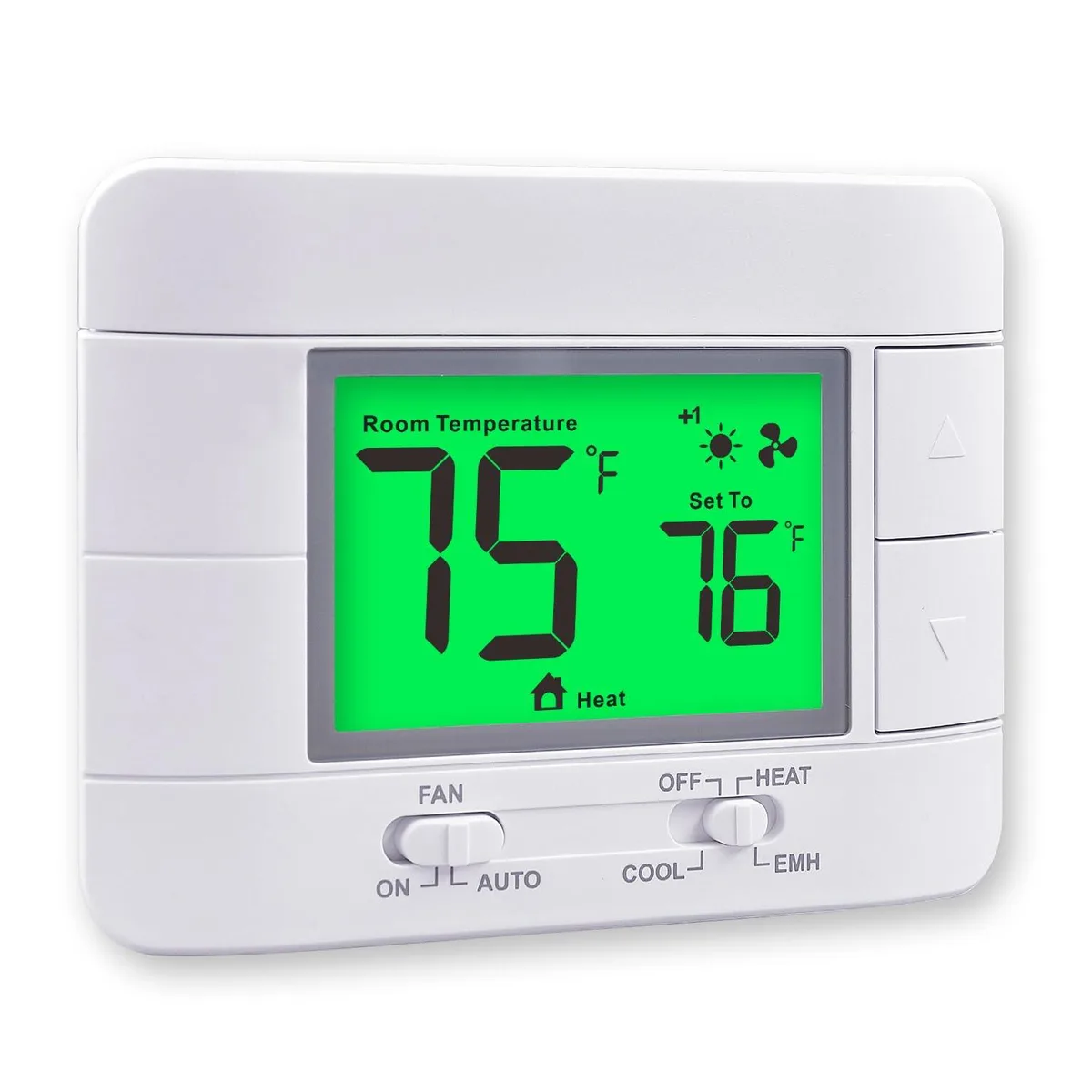 White rectangular thermostat with large green backlit LCD showing temperature and humidity, push buttons below screen