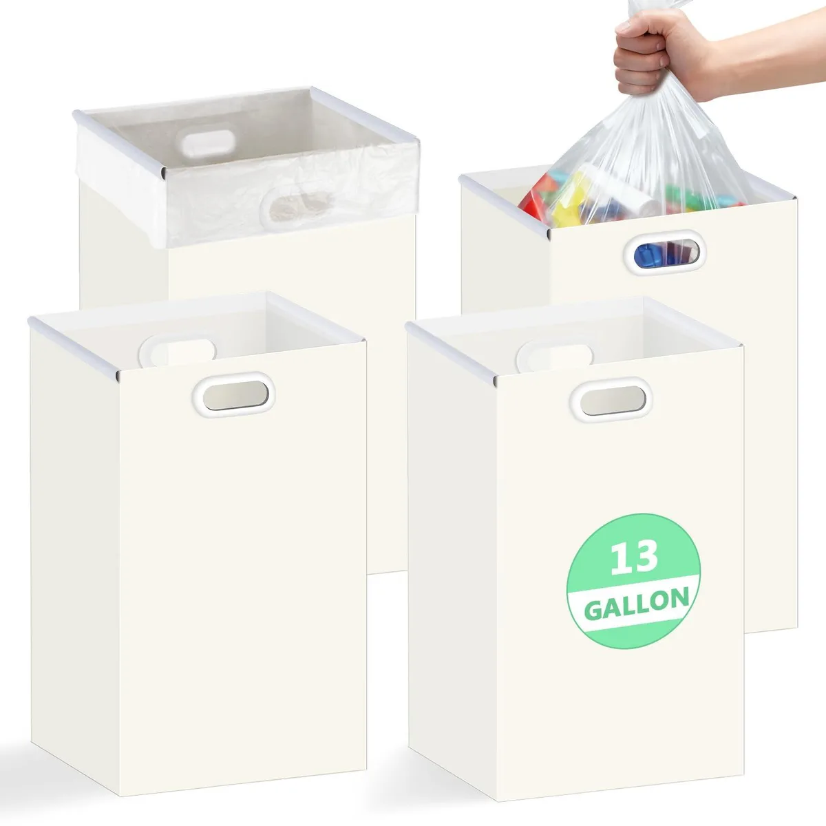 Four white collapsible cardboard bins folded flat, 13.7 by 9.8 by 22.6 inches