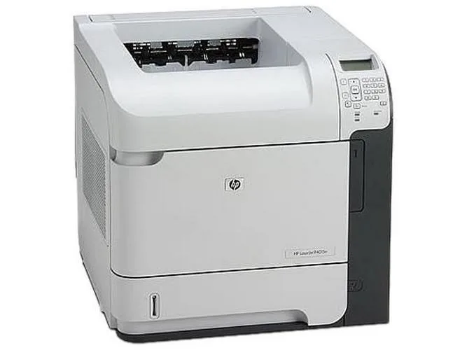 White rectangular office laser printer with front paper tray and control panel
