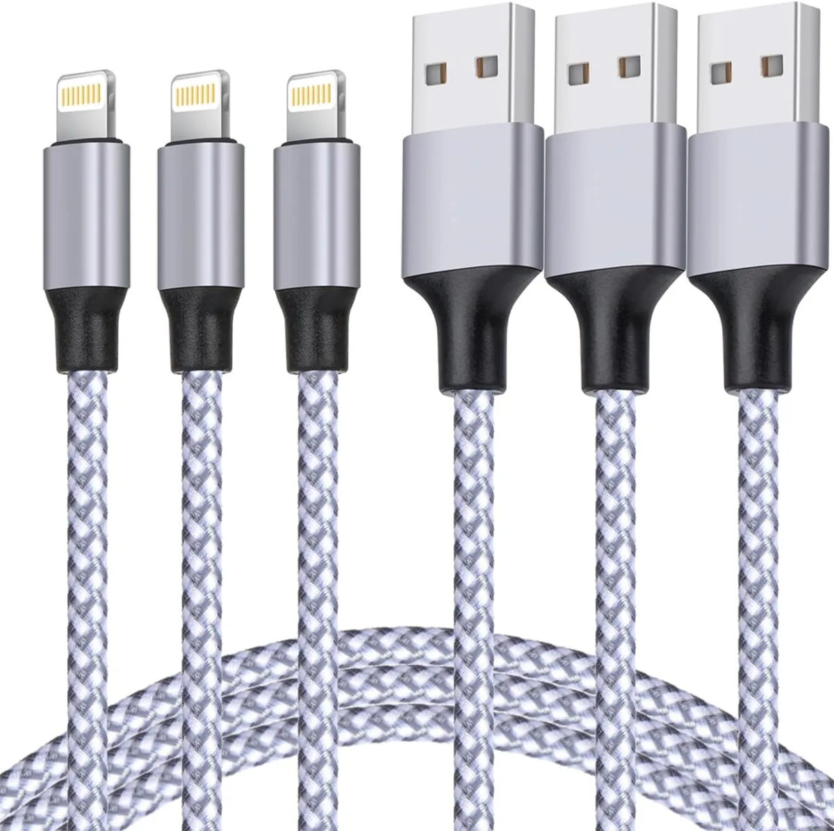  TAKAGI Braided Lightning Cable 3-Pack 6 ft White Grey 2.1A 480 Mbps — product photo