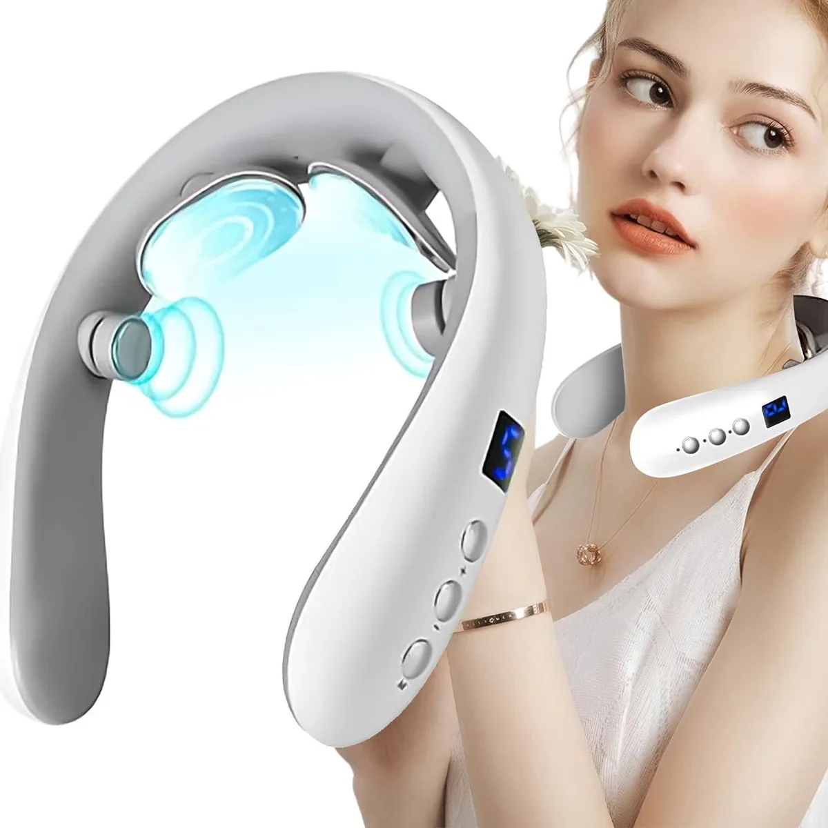 White U-shaped wireless neck massager with soft silicone electrodes, lightweight and portable