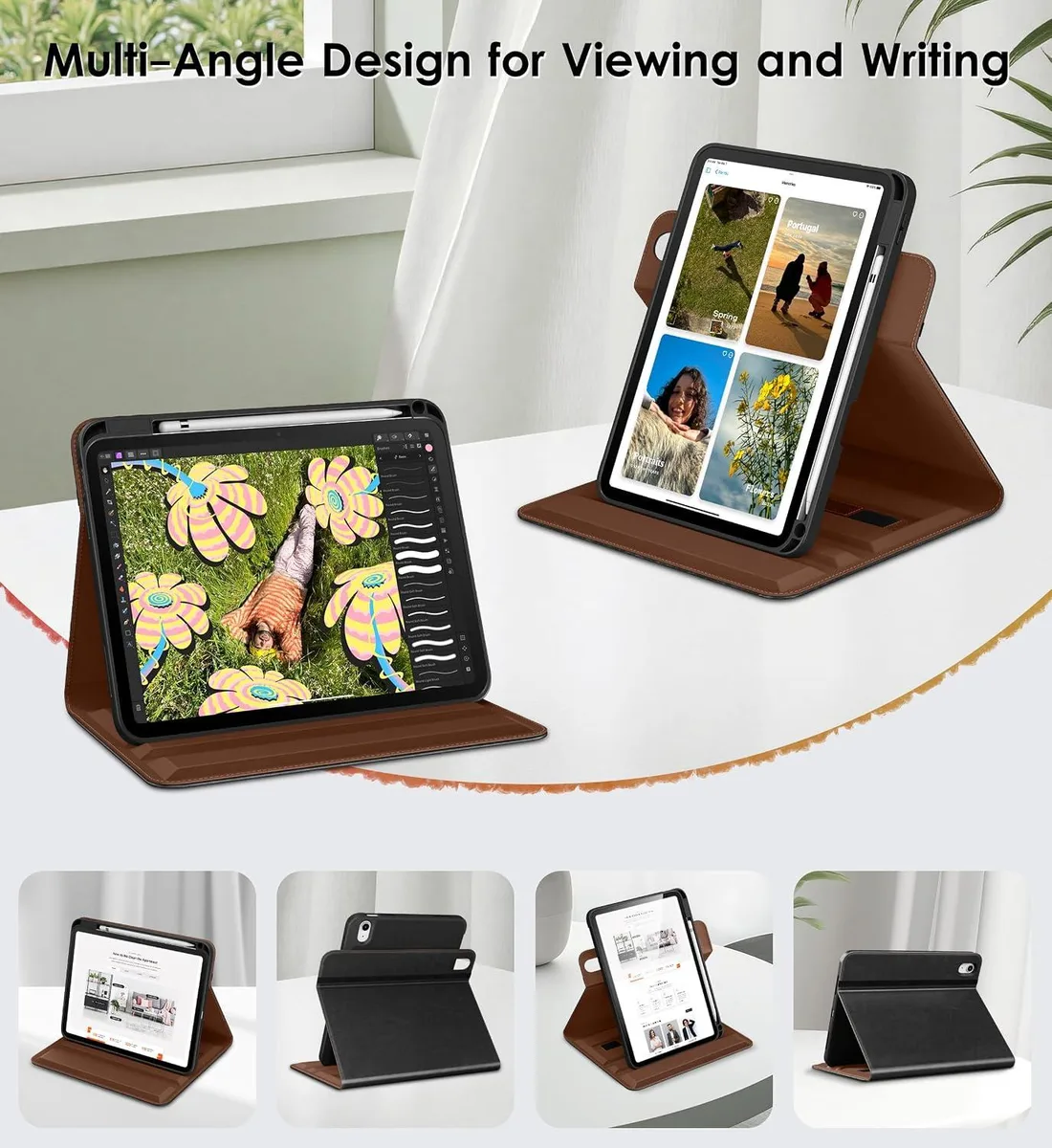 Black leather folio case with rotating stand and pencil holder