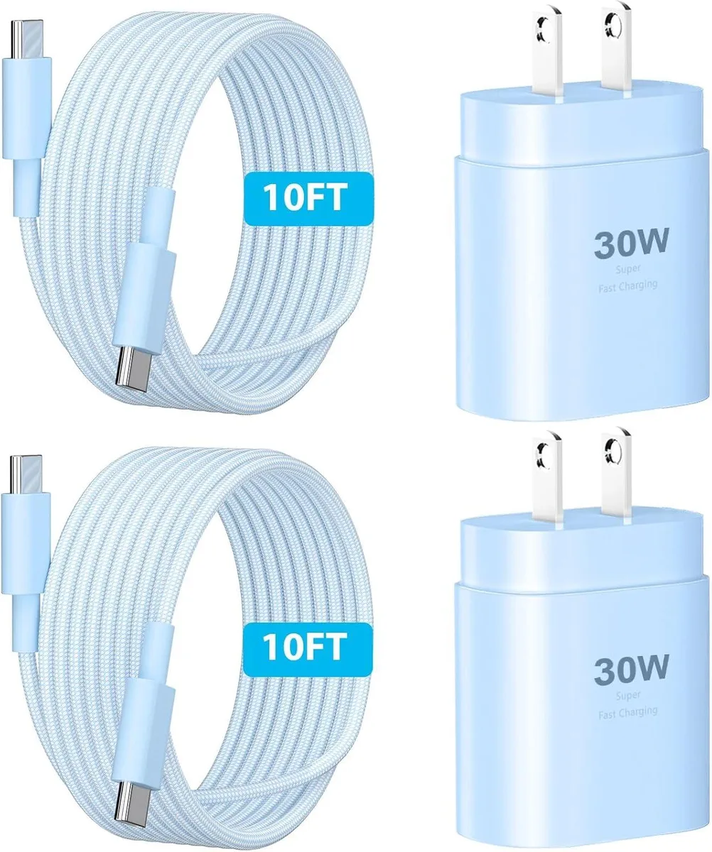 30W USB-C charger with 10 ft cable, blue — product photo