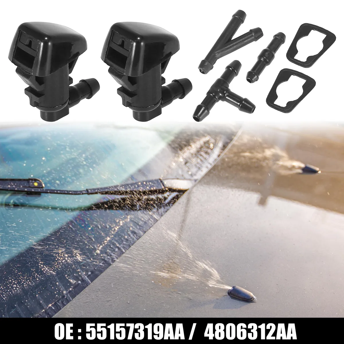 Five black plastic windshield washer nozzles with hose connectors and gaskets