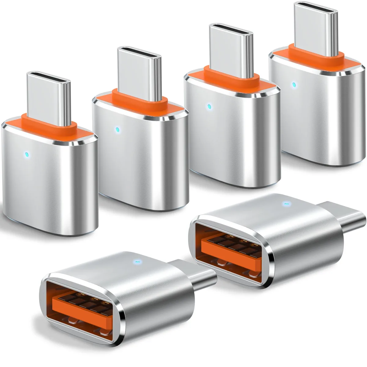 Small light silvery USB-C male to USB-A female adapter with two mini LED indicators