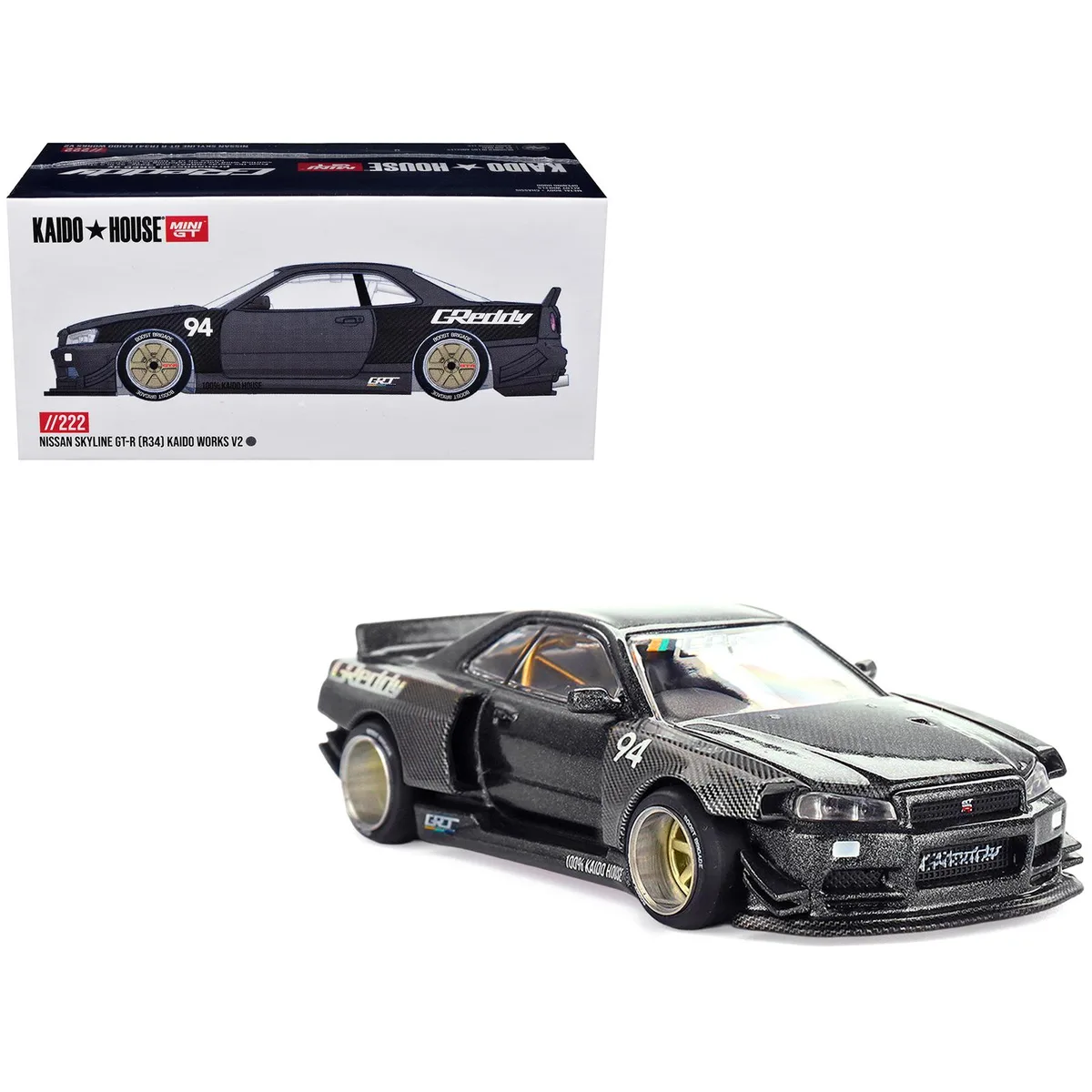 True True Nissan Skyline GT-R R34 #94 Kaido Works GReddy V2 1/64 Diecast Hobby Collectible — product photo