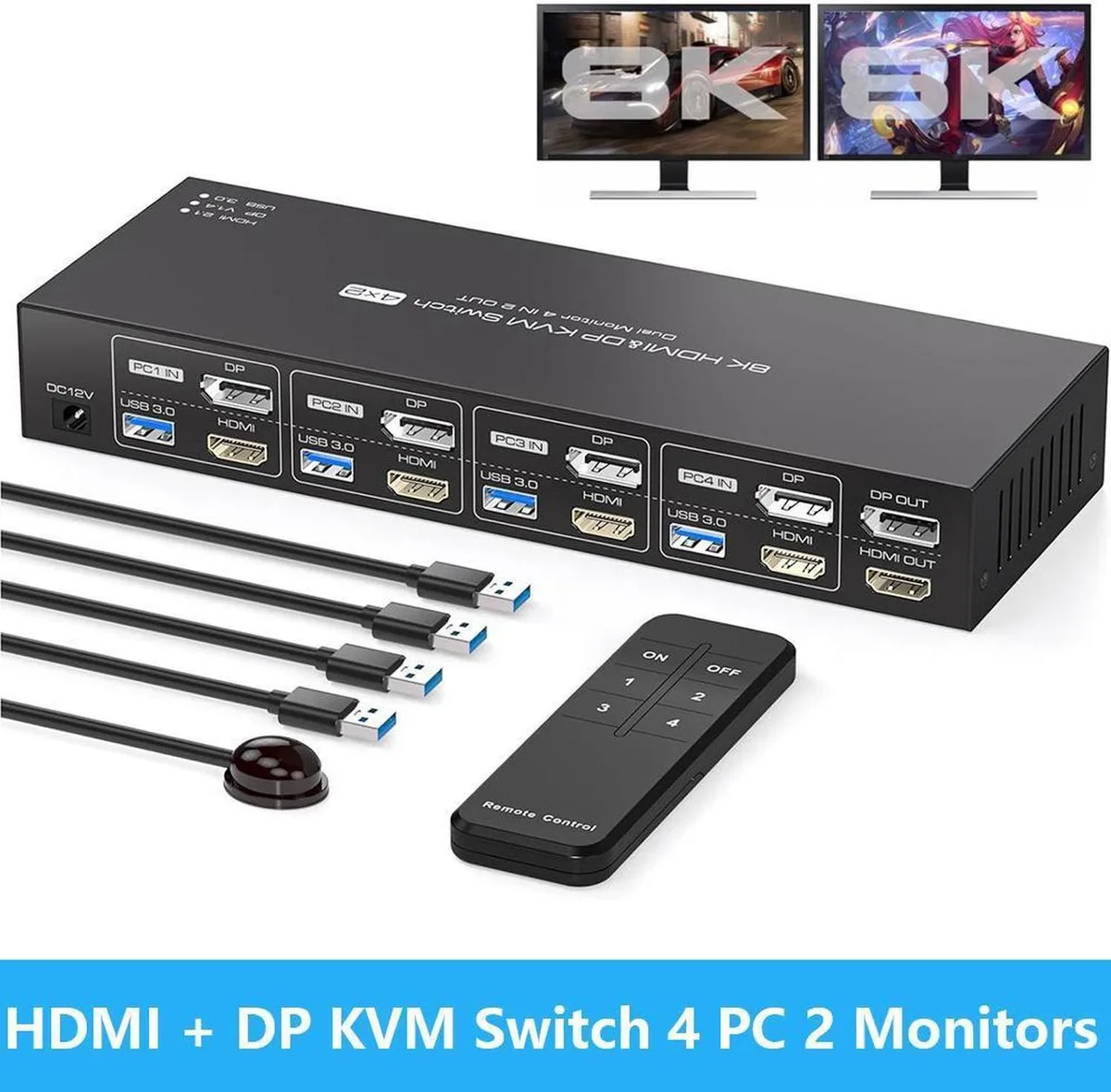 Vszerda Vszerda KVM Switch 4-PC 2-Monitor 8K60 HDMI 2.1 DP 1.4 USB 3.0 IR Remote — product photo