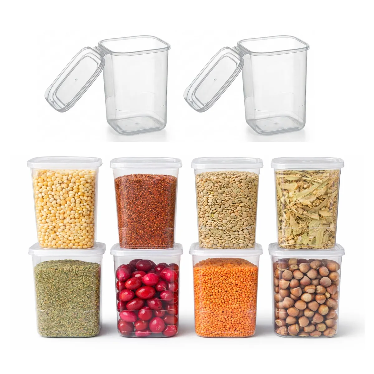 Ten clear plastic containers with red hinged lids, 39 oz each