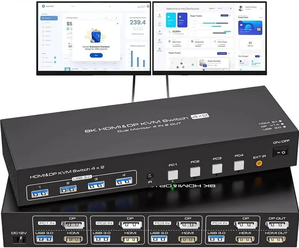 Vszerda Vszerda Dual Monitor HDMI+DP KVM Switch 4 Port 8K@60Hz 4K@144Hz — product photo
