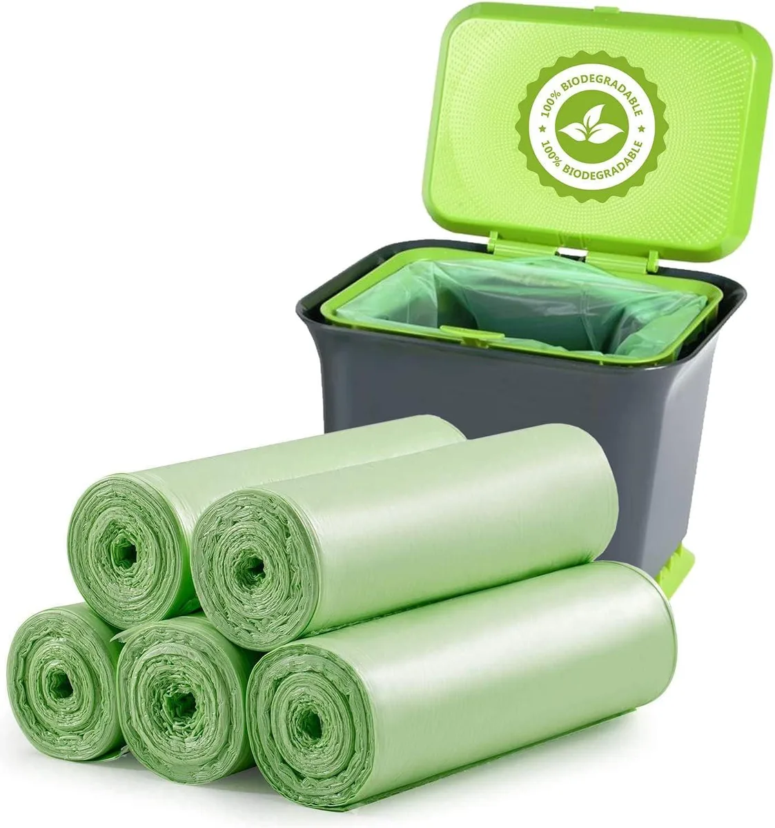 Green plastic trash bag roll pack, 120 count, 1.2 gallon capacity