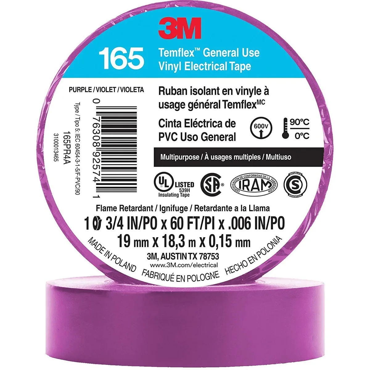 3M 3M Temflex 165 Solvent-Free Vinyl Electrical Tape Purple 10-pack — product photo