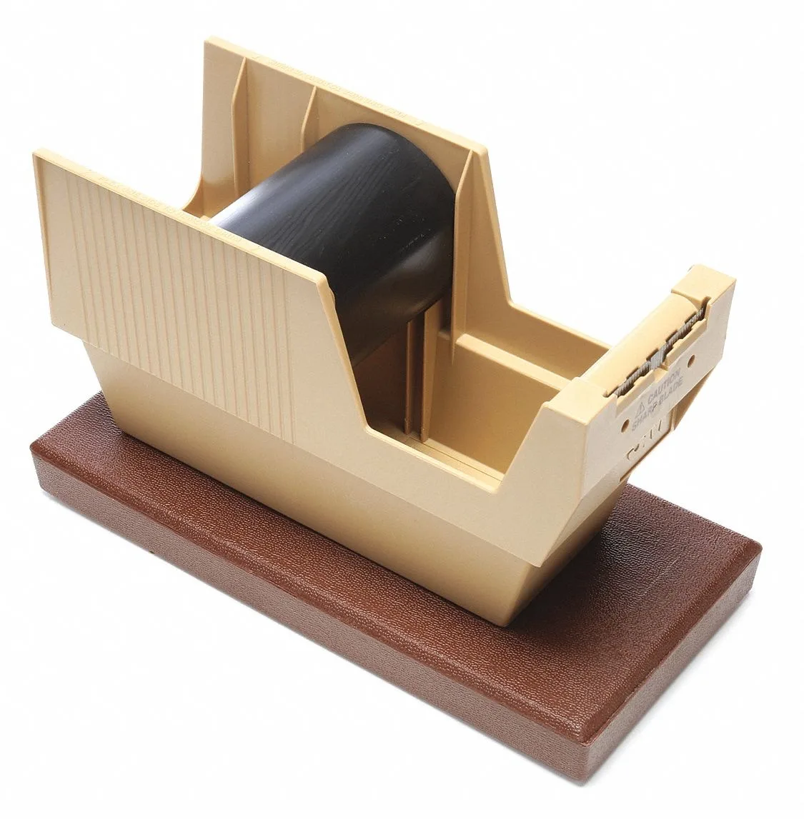 Tan plastic tabletop tape dispenser for three-inch core rolls