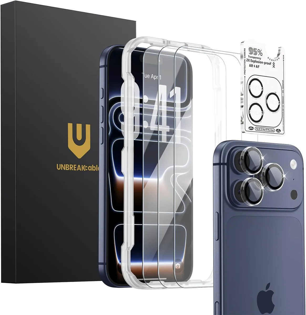 Three clear glass screen protectors and three small round camera lens protectors on a light background