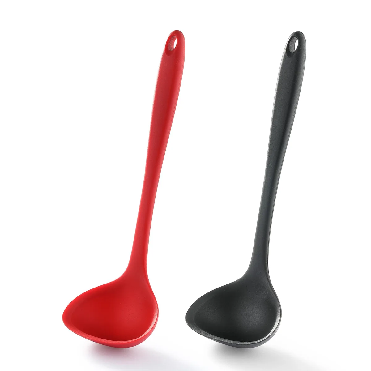 Two 12-inch silicone soup ladles, one black one red, with hooked handles for hanging