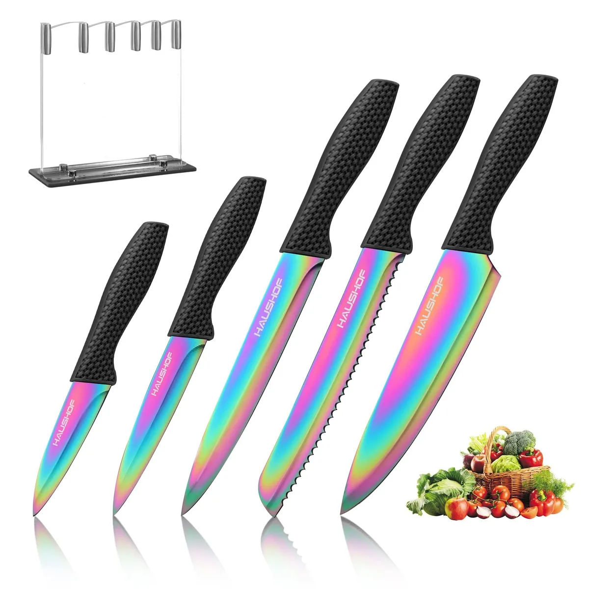 Black titanium 15-piece knife set in clear acrylic block, woven-grain handles, blade guards visible