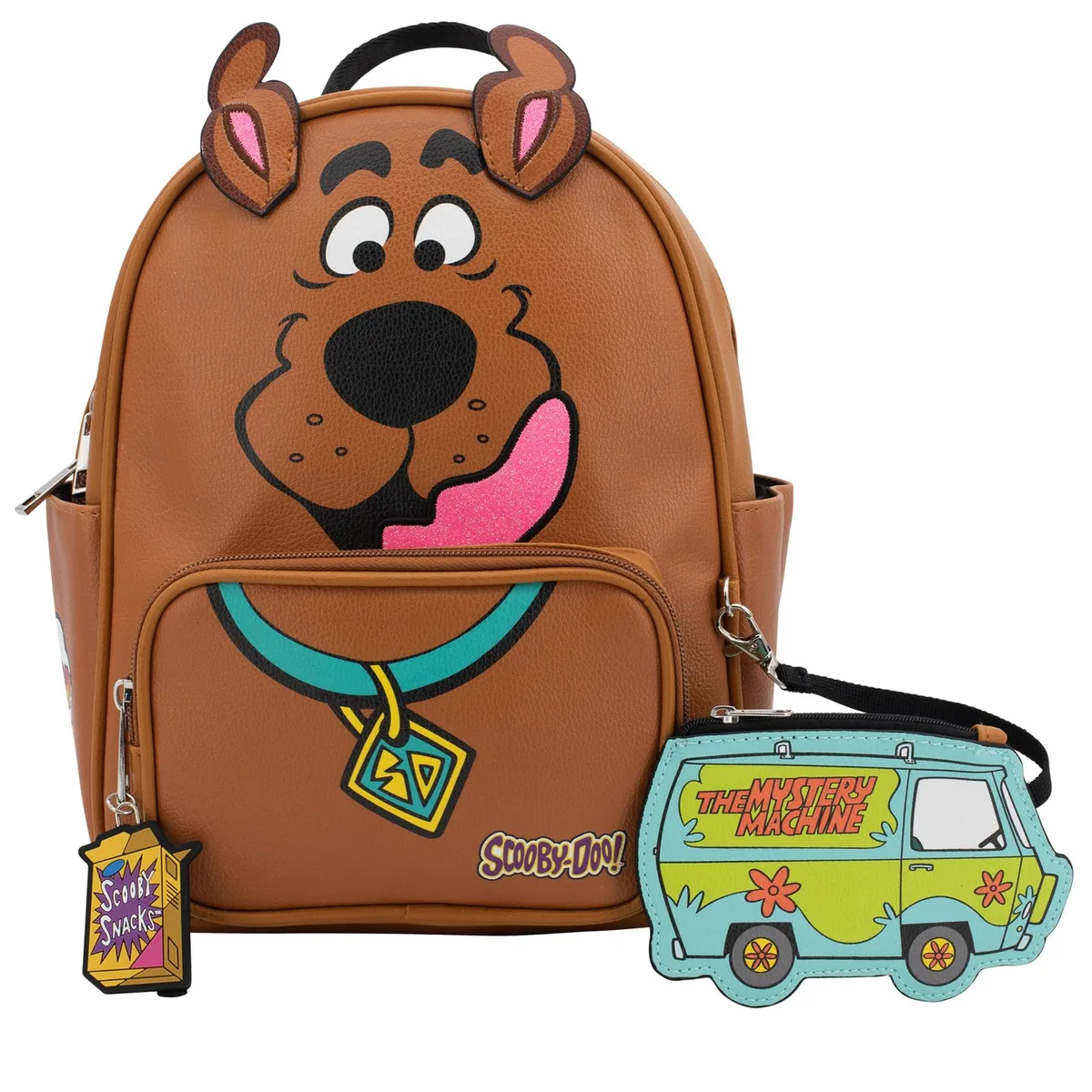 Beige faux-leather mini backpack shaped like Scooby-Doo's face with 3D ears and glitter details