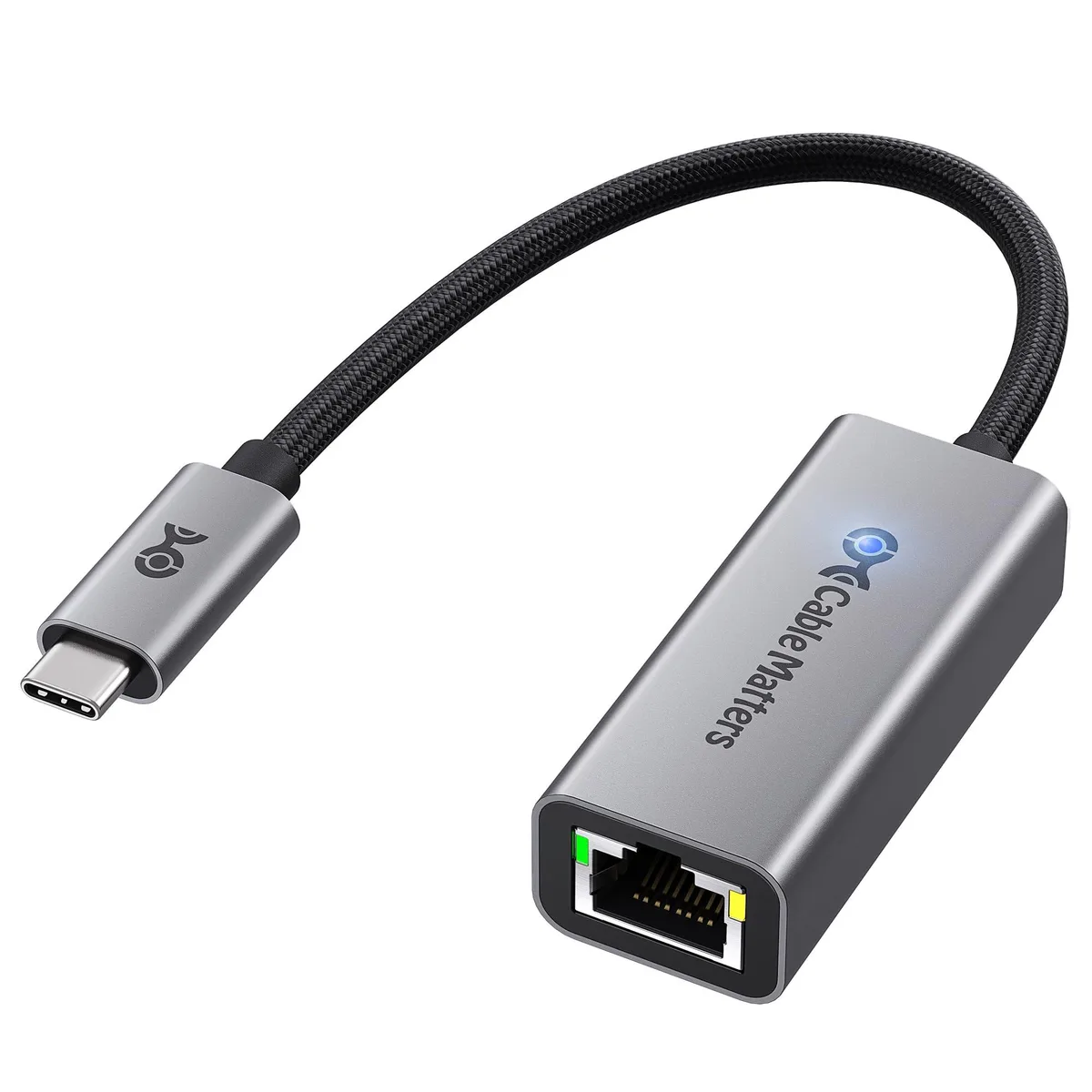 Grey USB-C to Ethernet adapter with braided pigtail cable and aluminium housing