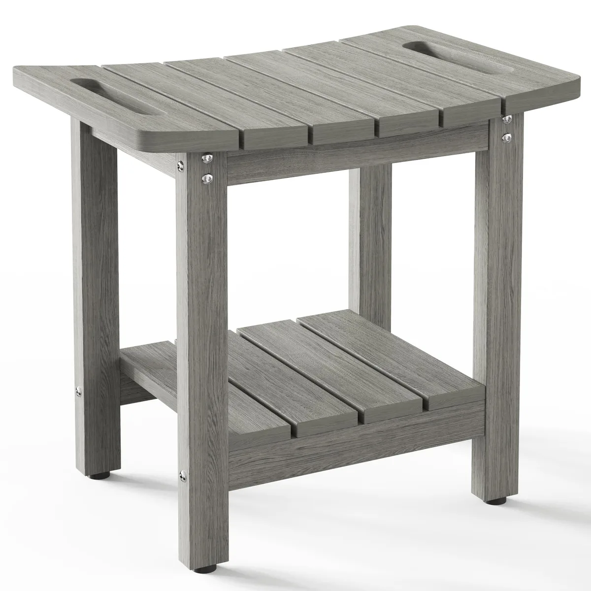 Light gray rectangular shower bench with storage shelf, HIPS wood-grain finish, adjustable rubber feet
