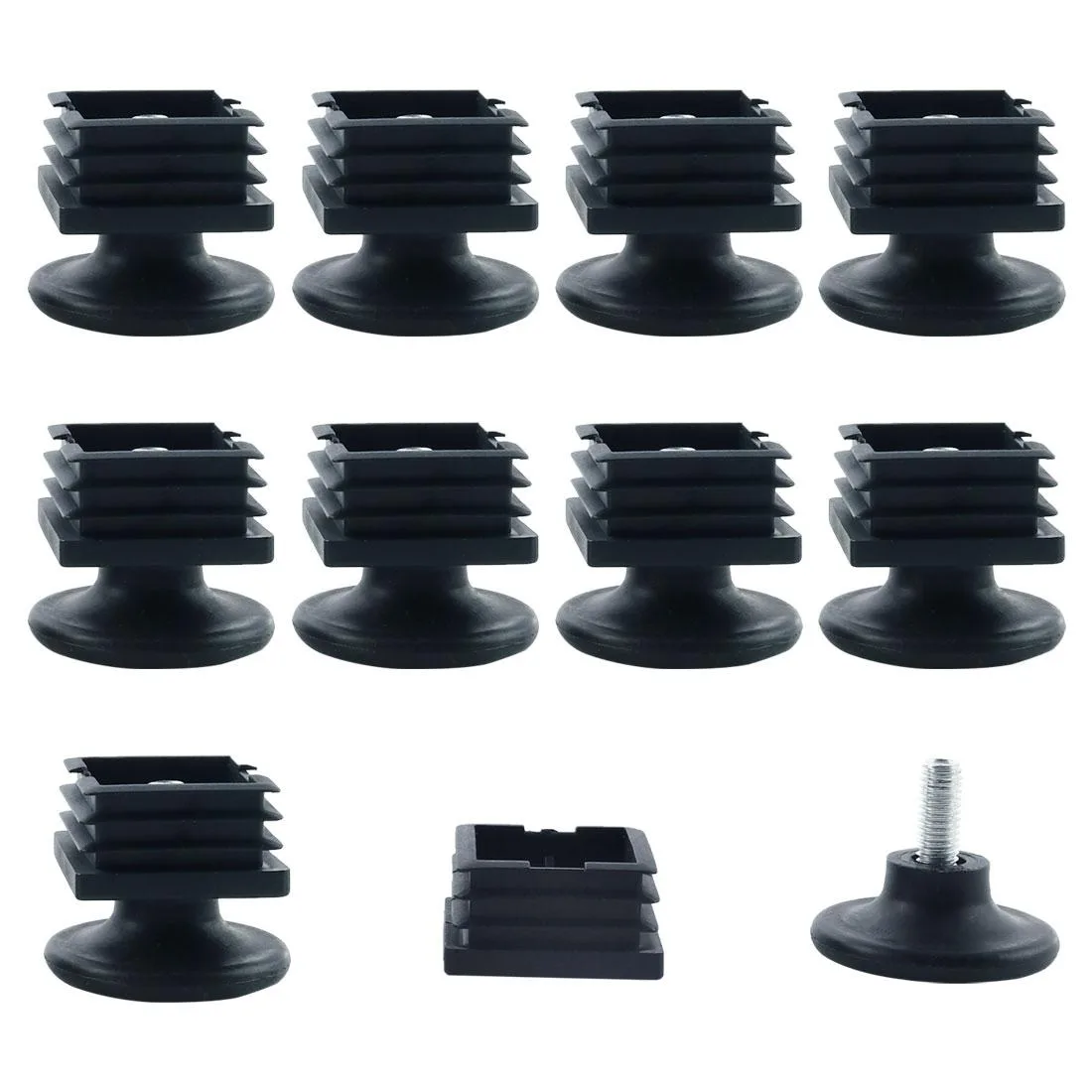 Ten sets of 38mm square tube inserts with adjustable threaded feet and plastic bases