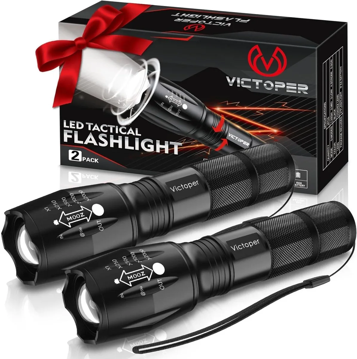 Two black tactical flashlights with textured grips and zoomable heads