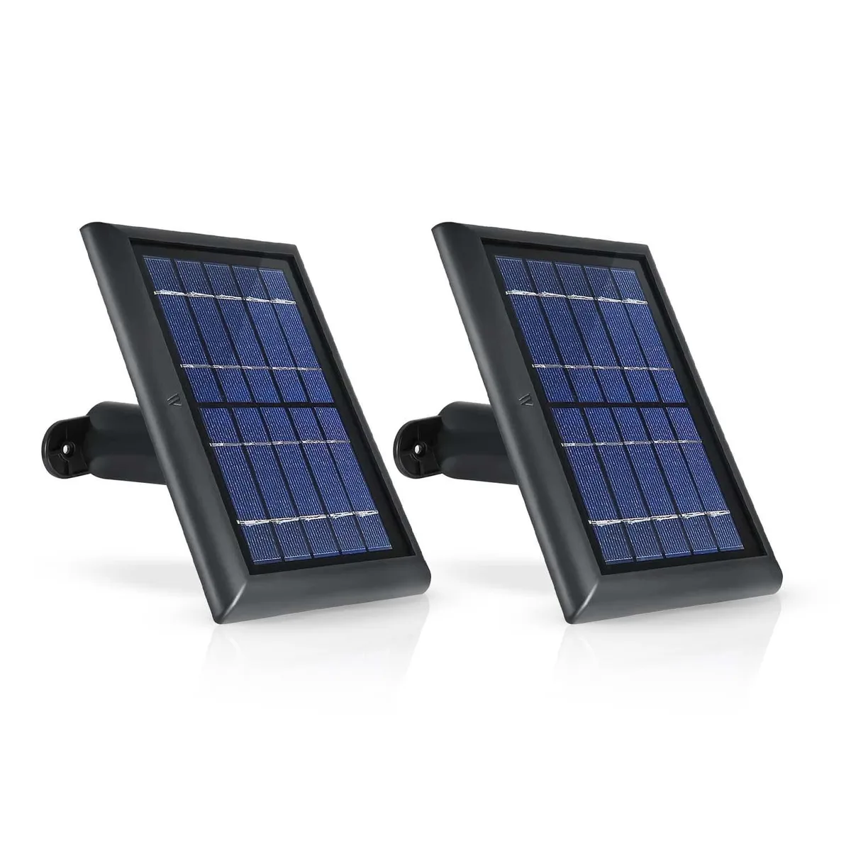 Two black rectangular solar panels with mounting brackets and long cables