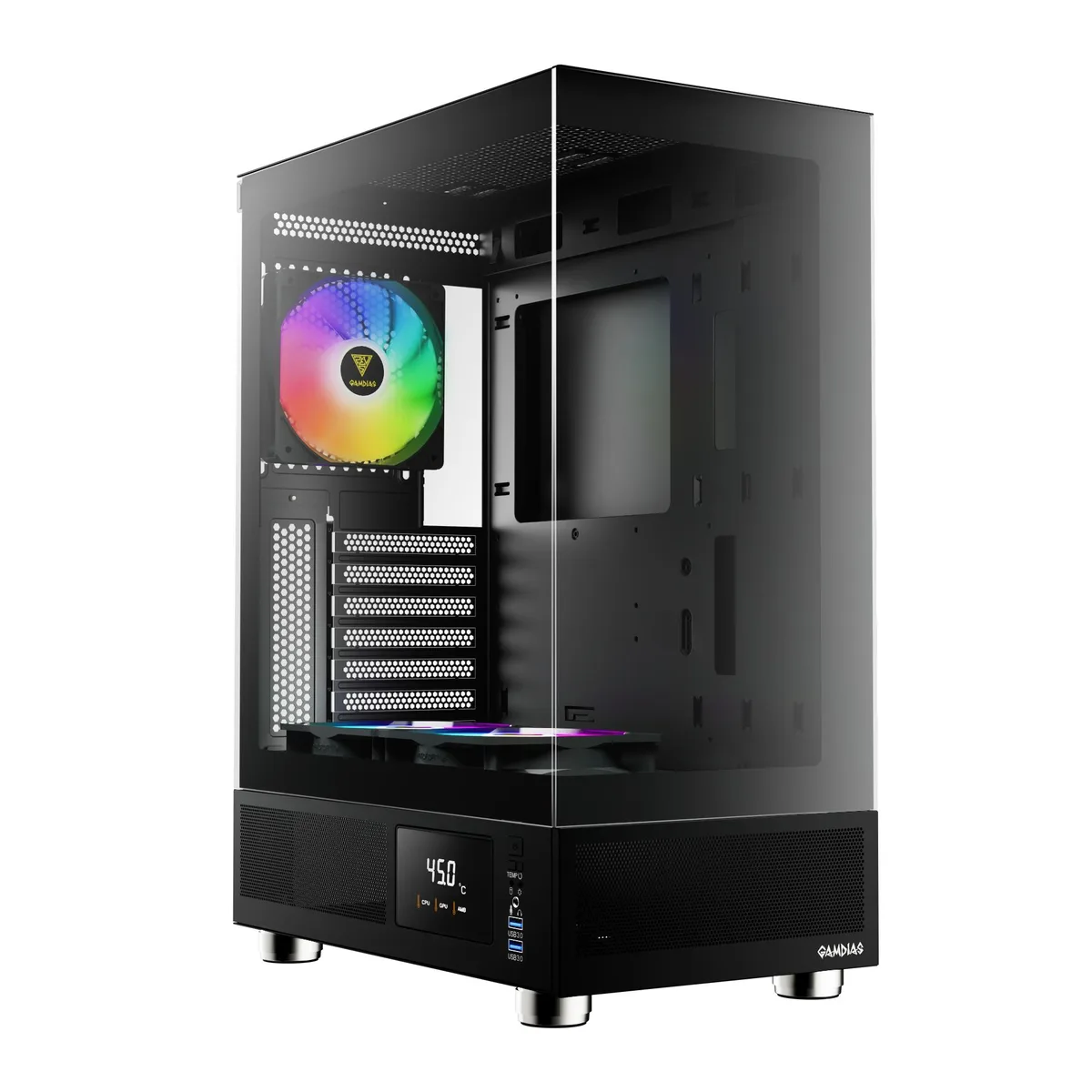 Gamdias ATLAS E1 tempered glass case with three 120mm ARGB fans and front temperature display