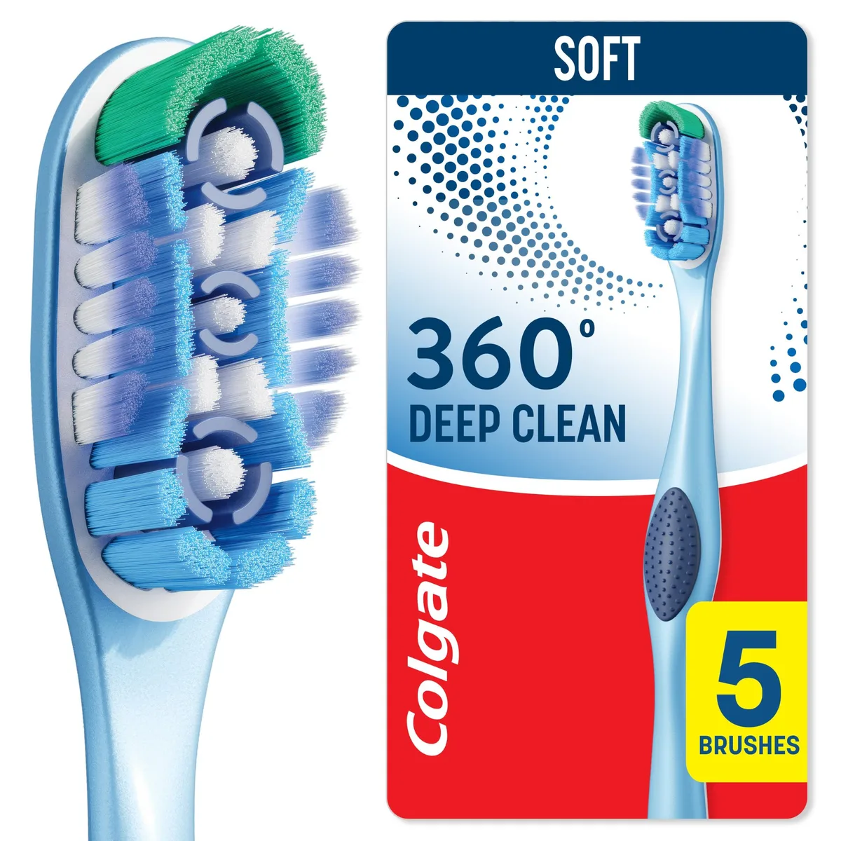 Five red manual toothbrushes with soft bristles and tongue cleaners in recyclable pack