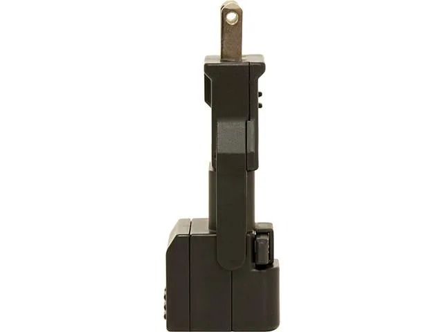Compact black universal AC adapter with integrated USB port and multi-region plug pins