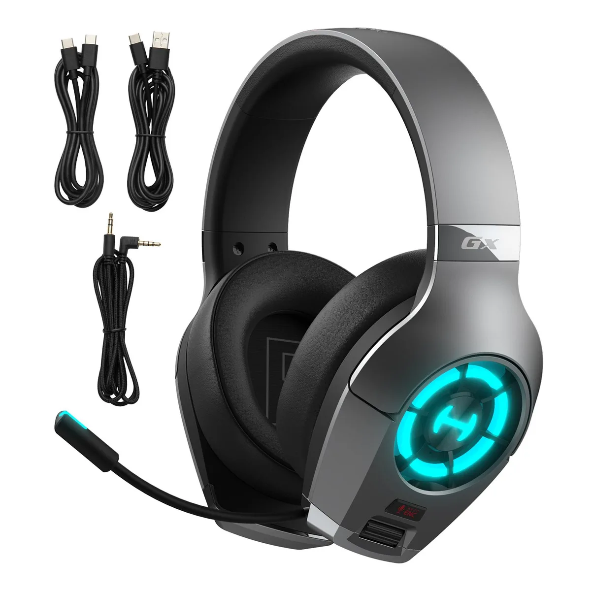 Grey over-ear gaming headset with RGB-lit earcups and boom mic
