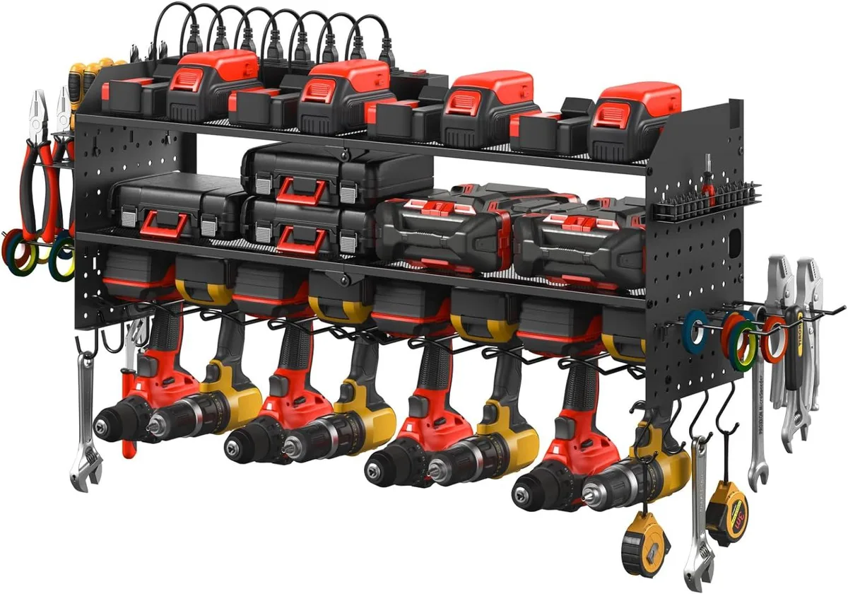 Black three-tier wall-mounted pegboard organizer with power strip and hooks