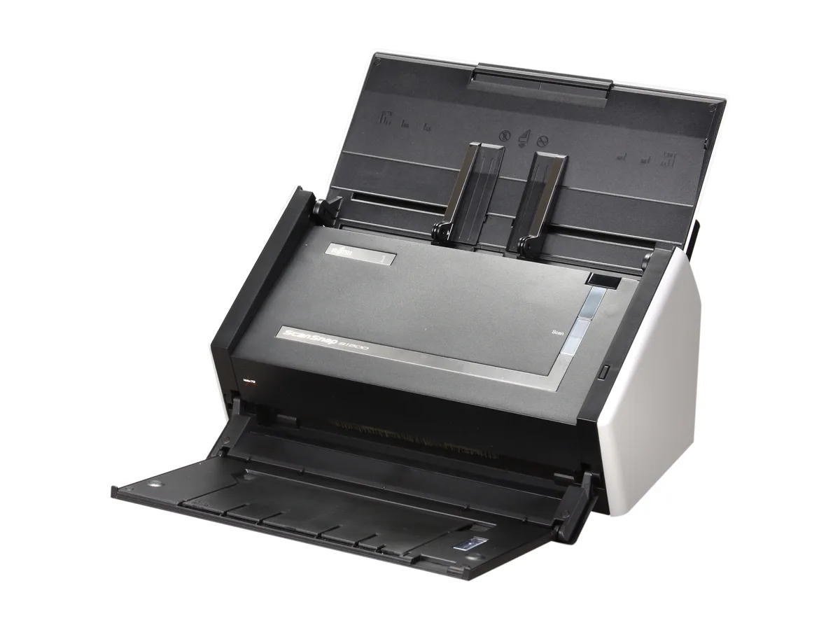 White rectangular sheet-fed document scanner with paper feed tray and output slot