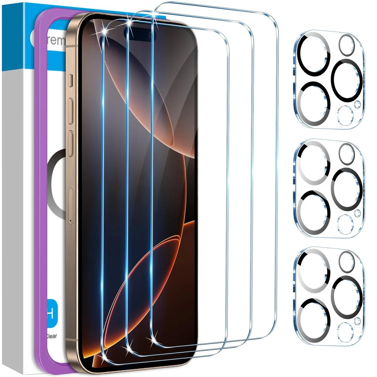 Three transparent tempered-glass screen protectors and three matching camera lens protectors for iPhone 16 Pro Max 6.9 inch 2024