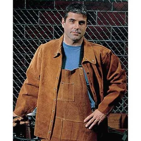Brown cowhide welding jacket with stand-up collar and snap closure