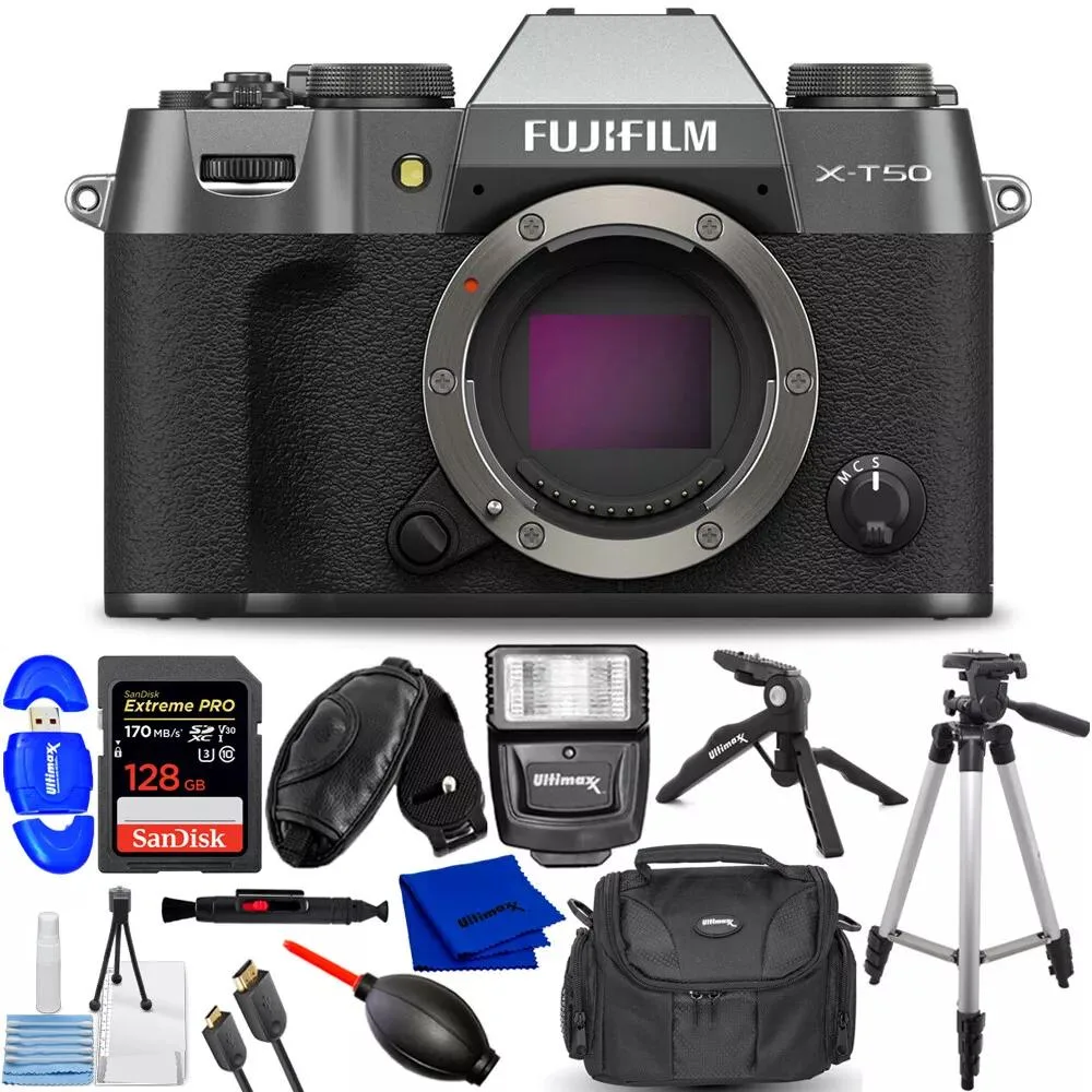FUJIFILM FUJIFILM X-T50 compact mirrorless camera Charcoal Silver 12PC accessory kit — product photo