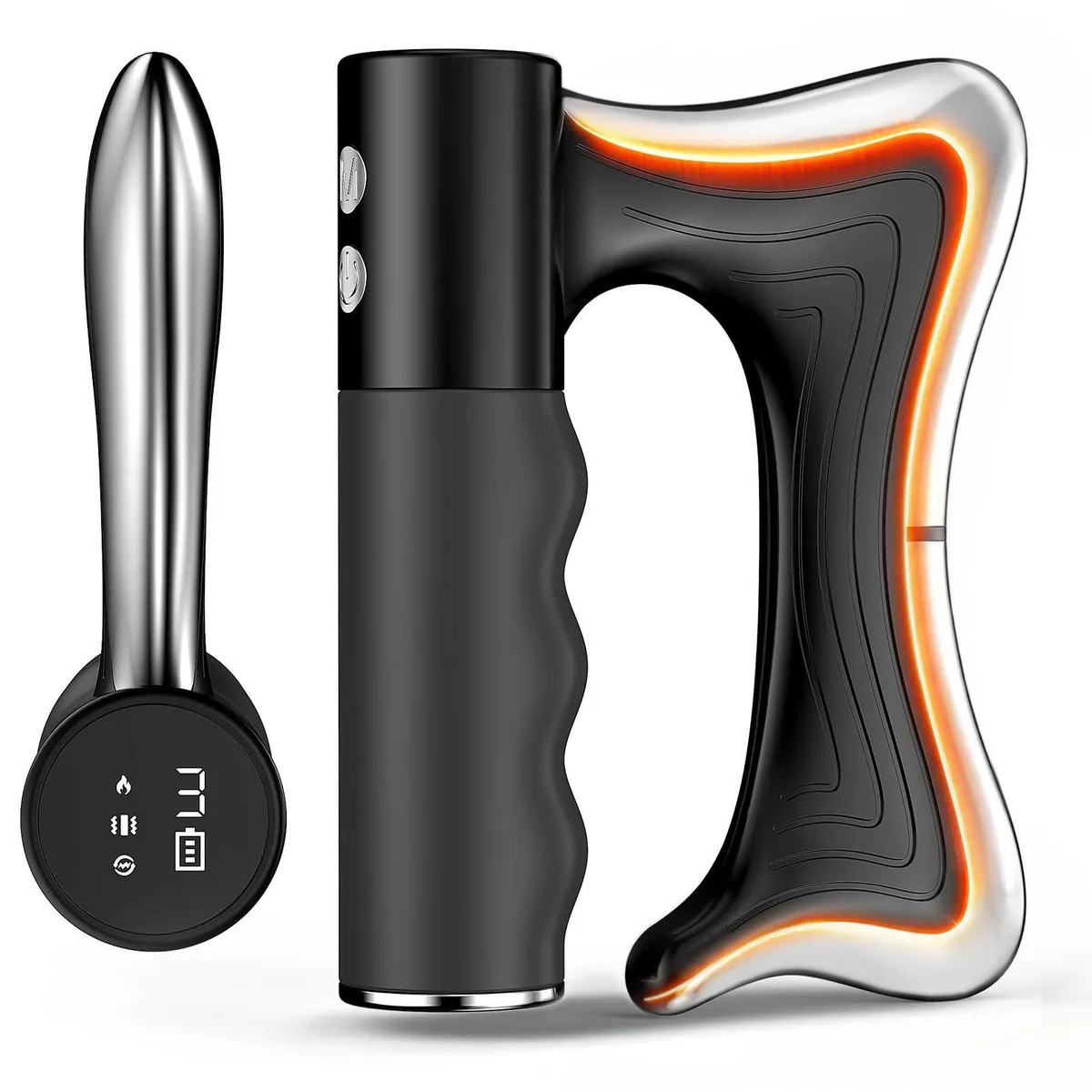 Blue handheld fascia scraper with curved ergonomic shape and LED display