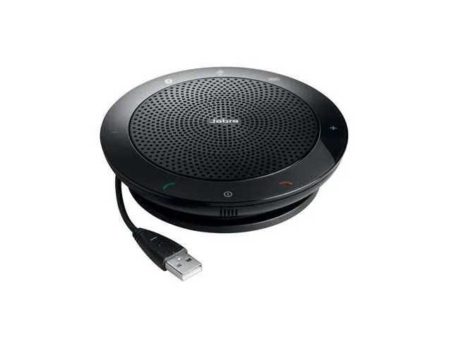 Compact circular speakerphone with matte black finish and illuminated control ring