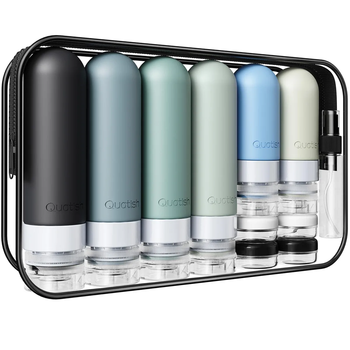 Black 20-piece travel bottle set with toiletry bag, silicone bottles, spray bottles, cream jars, funnel, label, brush and spatulas