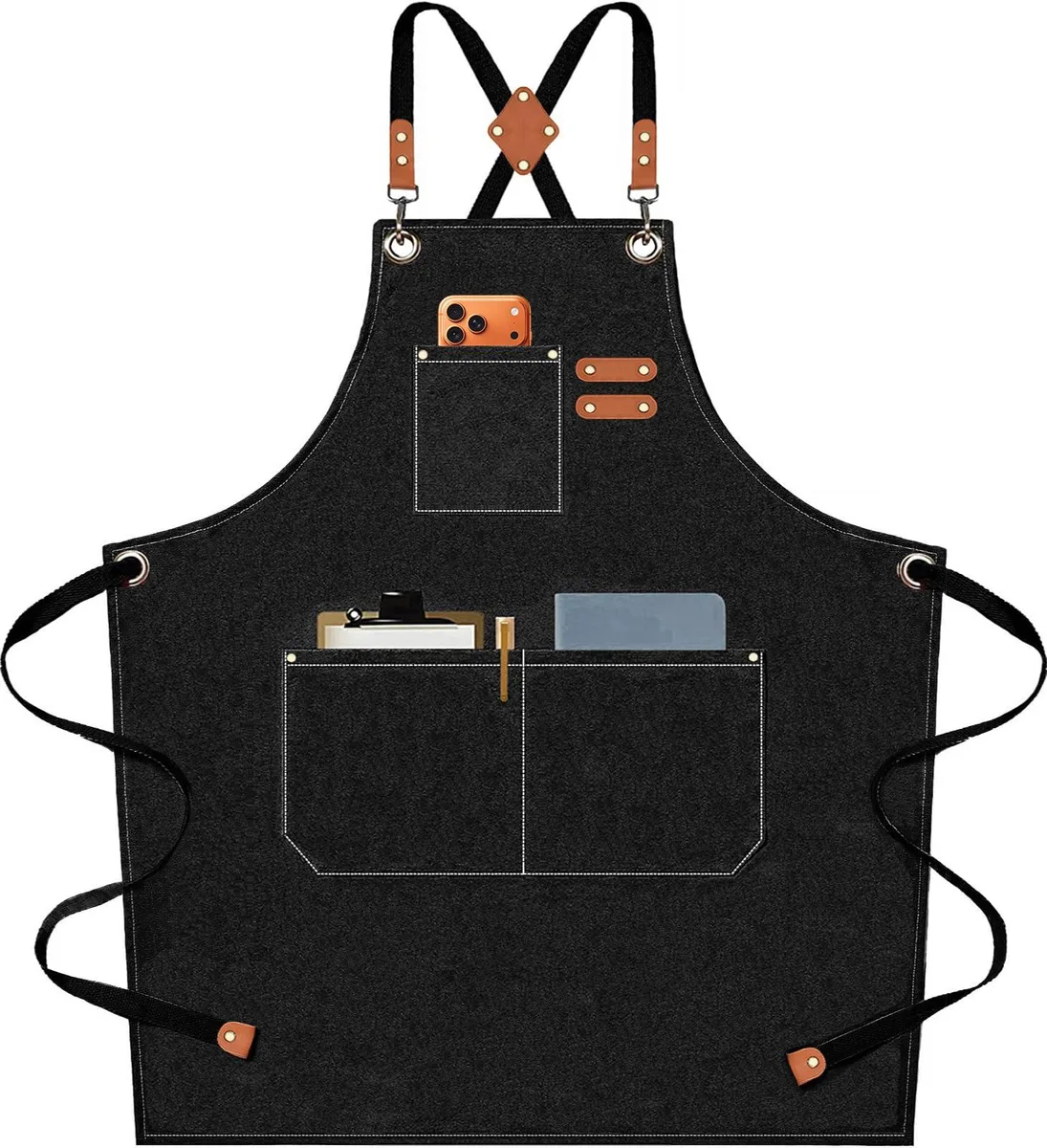 Black 16oz cotton canvas cross-back apron with large waist pockets and adjustable straps