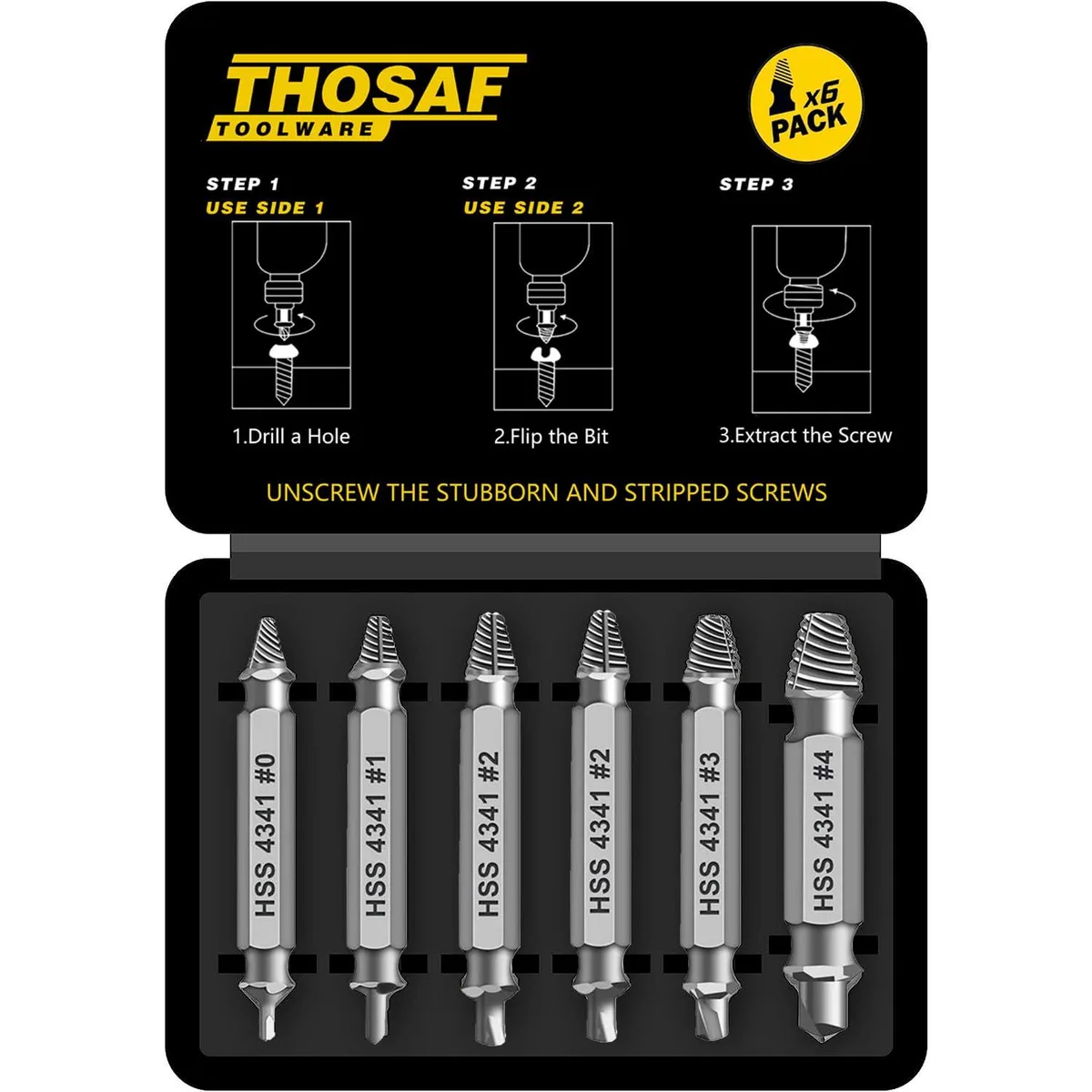 Screw extractor set in storage case, six pieces