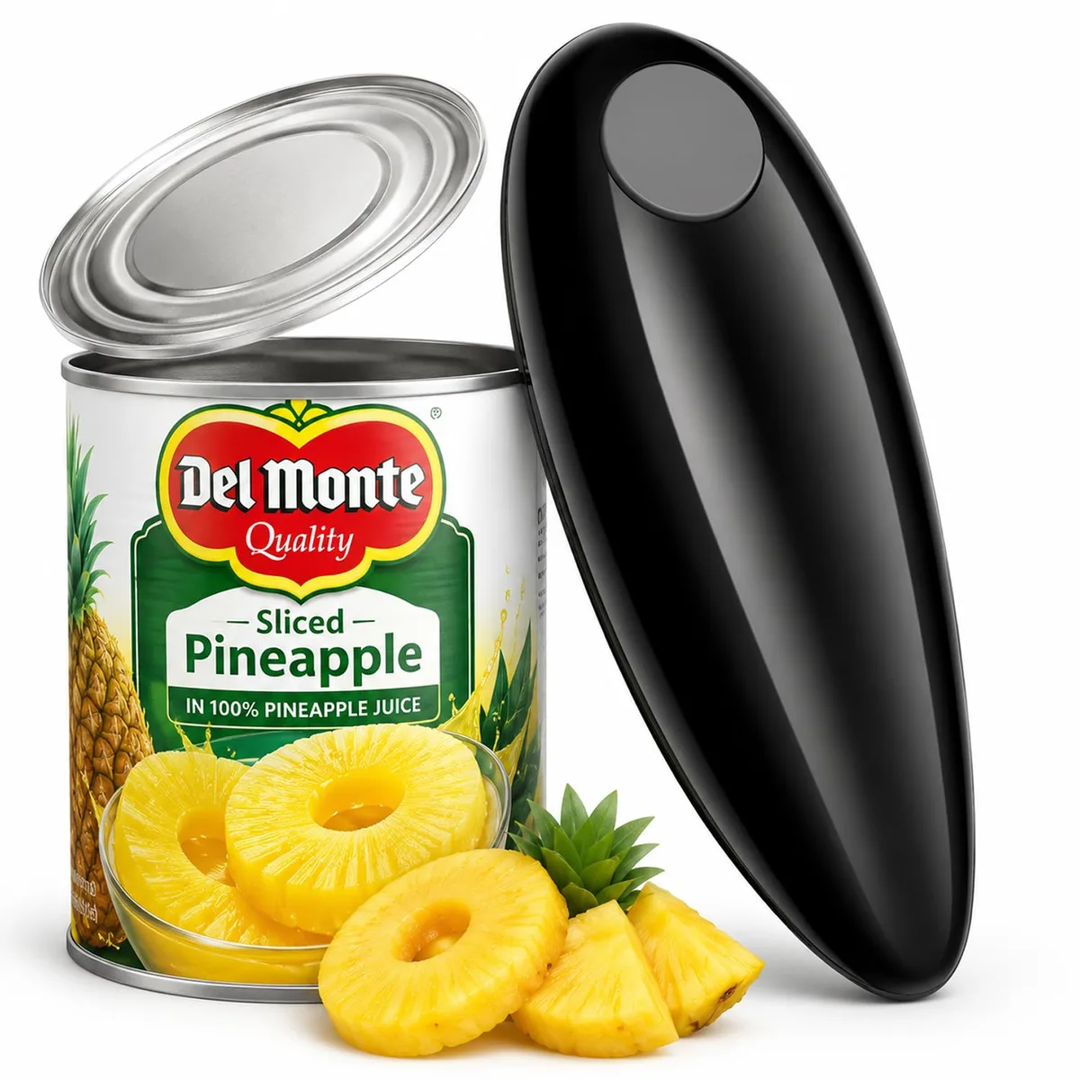 Black automatic can opener, smooth rounded body, top-mounted blade unit, AA battery powered