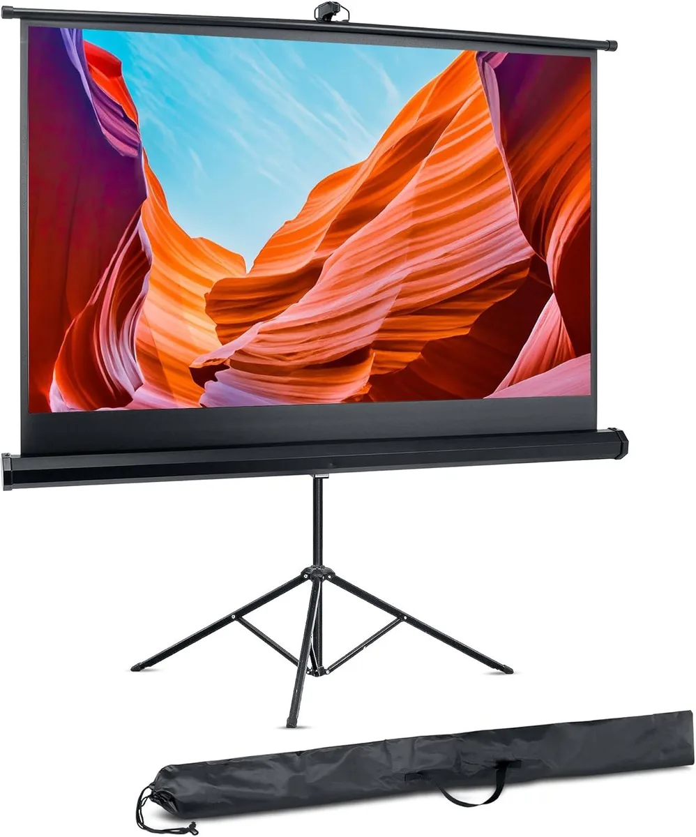 White 60-inch tripod projector screen on metal stand, folded flat in carry bag