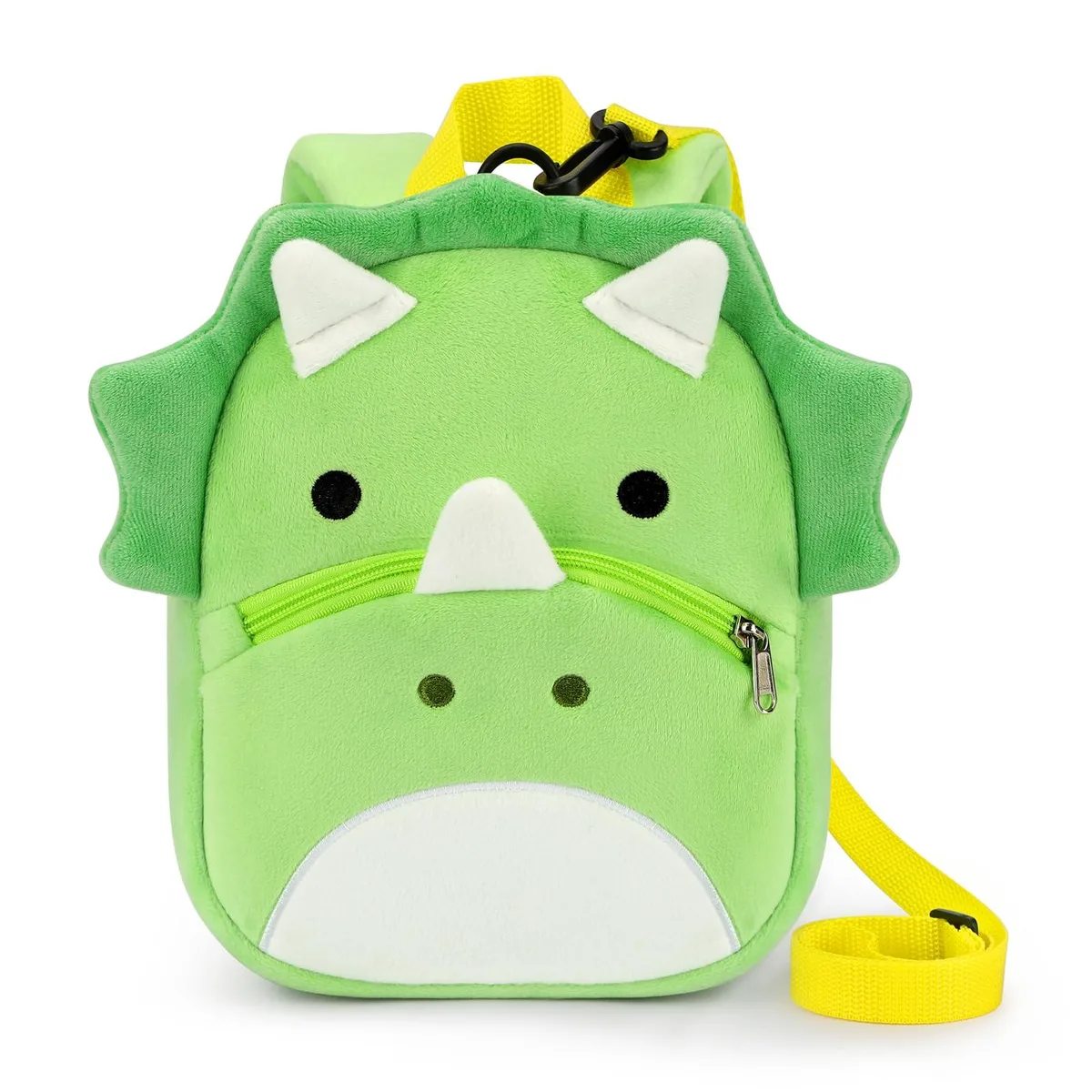 Soft green dinosaur plush toddler backpack with removable leash, 3D cartoon shape, front pocket, sponge-padded back