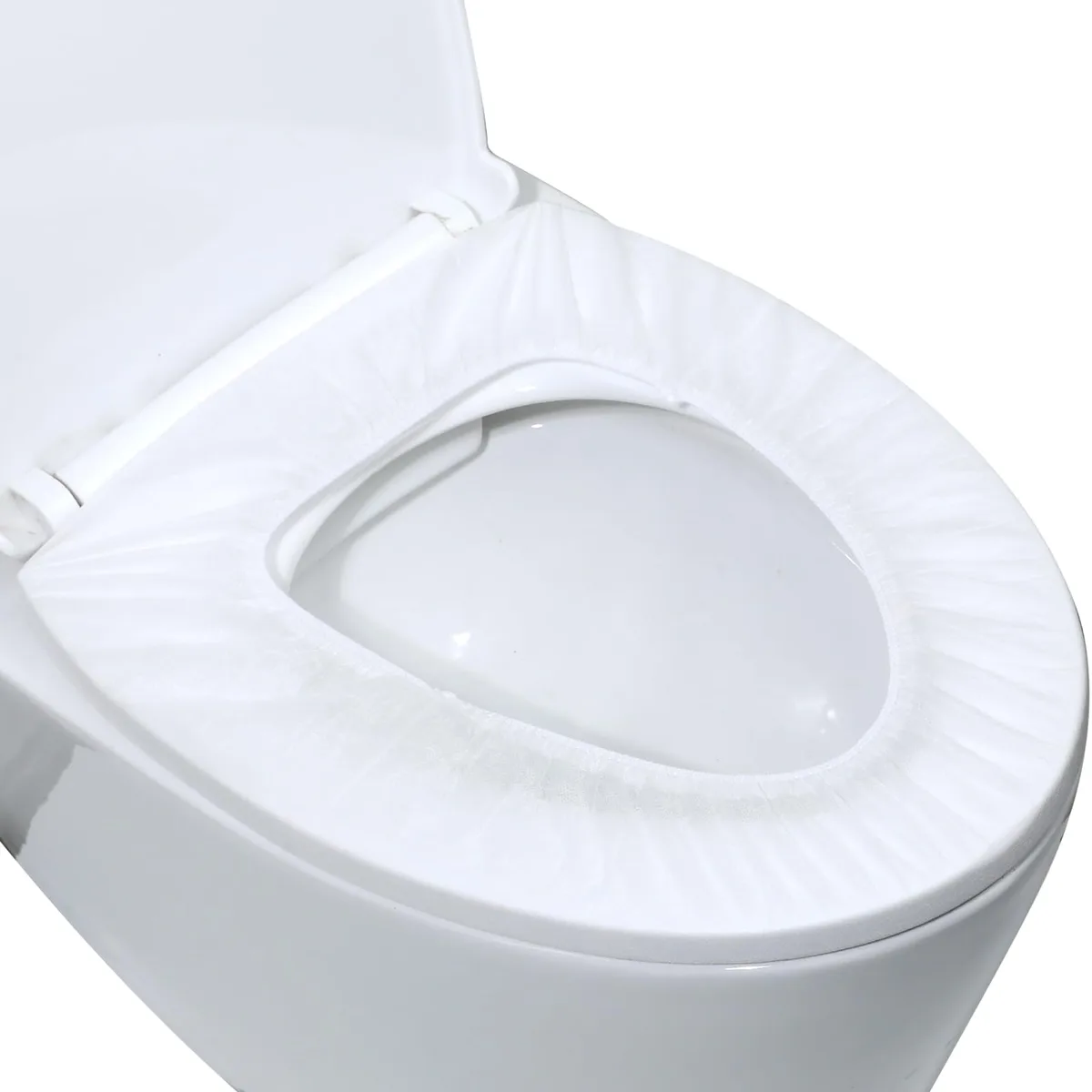 Pack of 10 white disposable toilet seat covers in individual wrappers