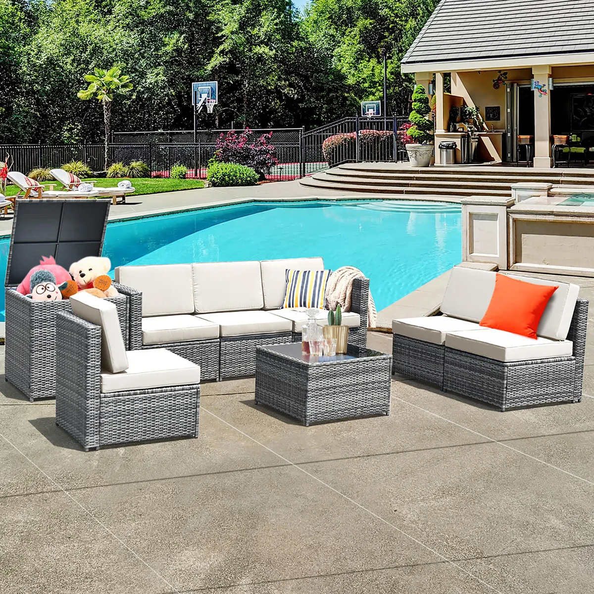 White PE rattan 8-piece sofa set with steel frames, tempered glass coffee table, storage box, and cushions