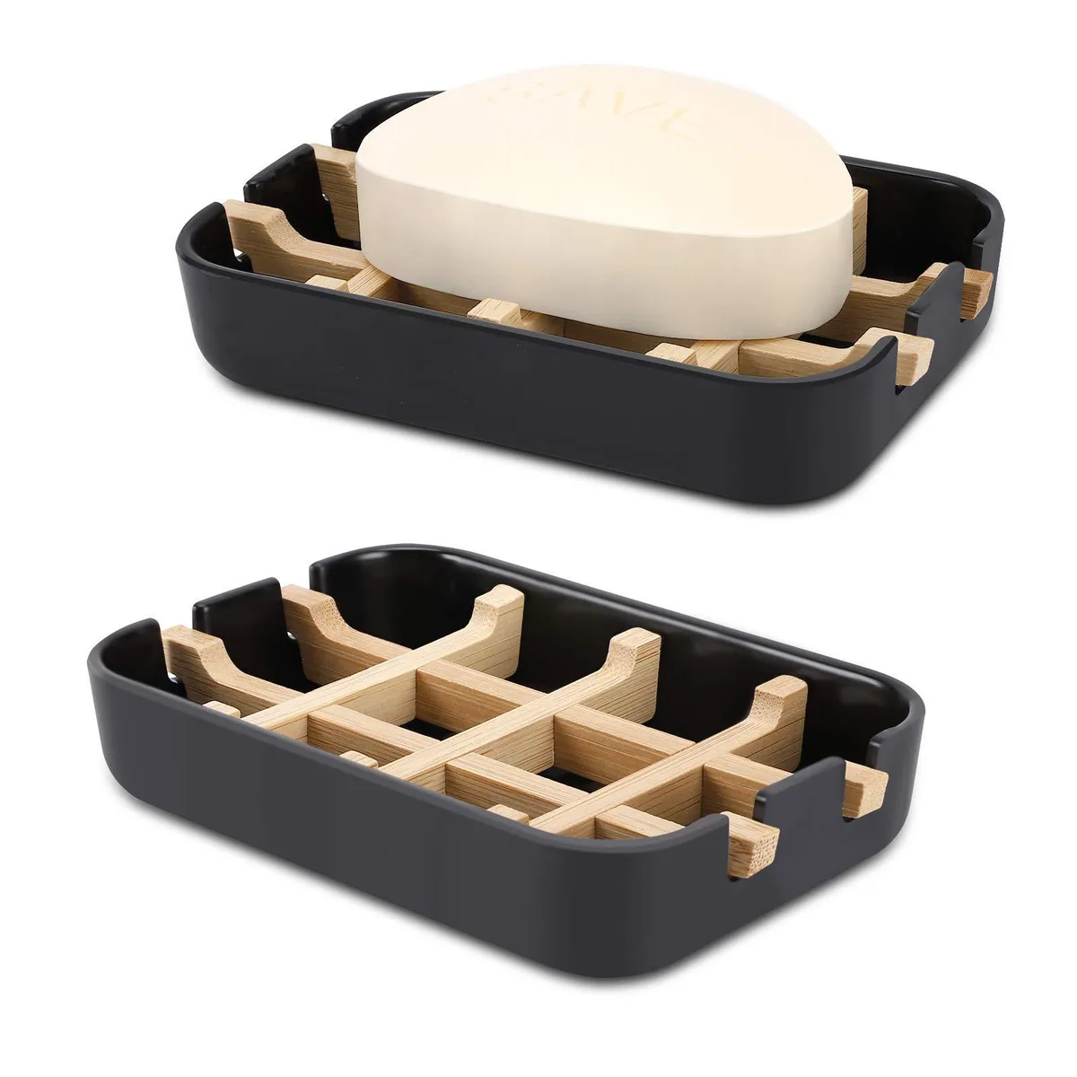 Black bamboo soap dish with removable slatted tray for drainage