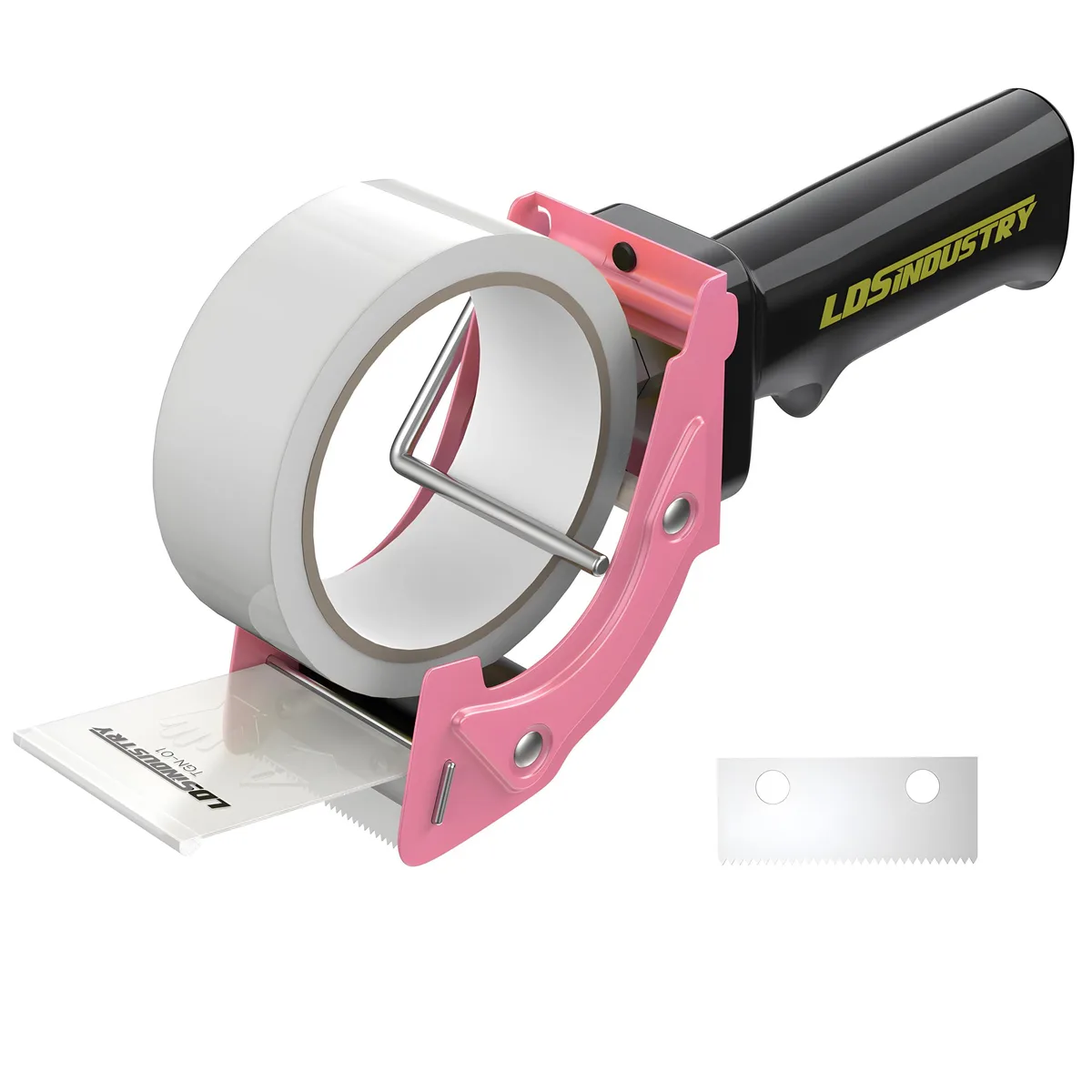 Pink metal tape dispenser gun with ergonomic pistol grip and 2-inch tape roll